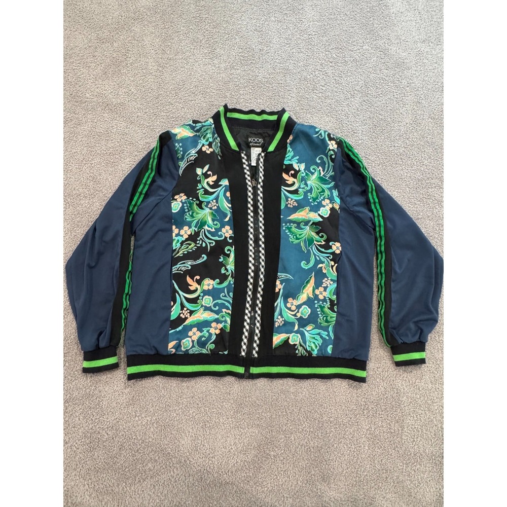 Koos of Course Women's Silk-Print Bomber Jacket Size L Knit Trim Artsy Mixed Med
